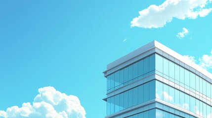 Poster - Modern glass office building against a vibrant blue sky with fluffy clouds creating ample space for text or advertising placements.