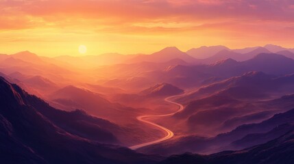 Poster - Majestic sunset illuminating a winding road through a serene mountainous landscape with ample space for text or branding elements.