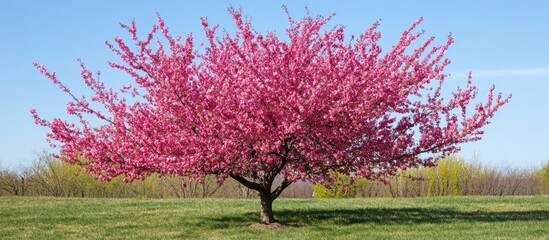 Poster - Blossoming pink tree in a grassy field against a clear blue sky with copy space for text.