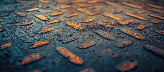 Poster - Close-up of textured metal surface with rust spots and pattern detailing in sunlight.