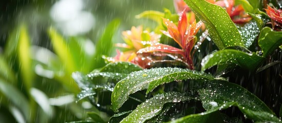 Poster - Vibrant green leaves covered in raindrops with colorful flowers in soft focus background and Copy Space for text placement