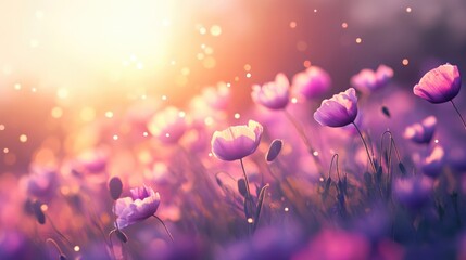 Poster - Purple flowers field at sunset with lens flare and bokeh effects