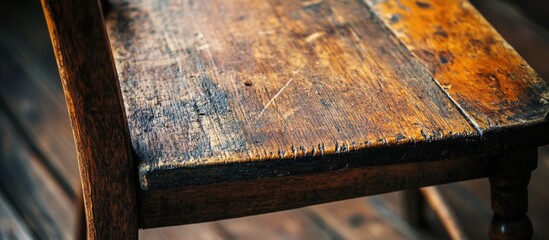 Poster - Close-up of weathered wooden table surface with visible texture and sunlight reflecting on the edges