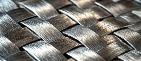 Poster - Close-up view of woven metallic texture with a reflective surface and fine details Copy Space