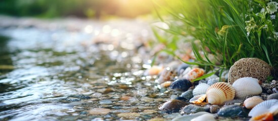 Poster - Scenic view of pebbles and shells on a riverbank with greenery and sunlight in the background.
