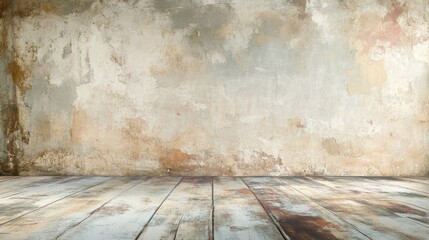 Poster - Textured rustic studio backdrop with weathered walls and wooden floor providing ample empty space for text or graphics placement