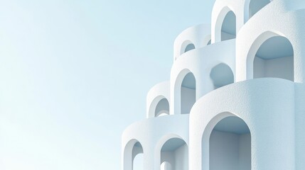 Poster - Modern architectural tower with rounded roofs and arches against a light blue sky featuring ample space for text or branding elements.