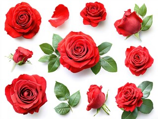 Poster - Red rose flower arrangement on white background with green leaves and a single petal