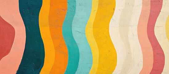 Fototapete - Colorful abstract wave patterns with layered stripes in various shades including peach, teal, orange, and yellow Copy Space