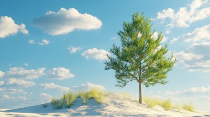 Poster - Sunlit Pine Tree on Sandy Hill with Clear Blue Sky and Copy Space for Text in Nature Landscape