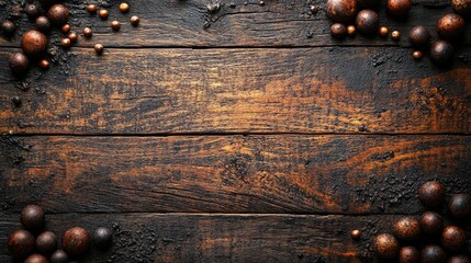 Poster - Top View of Rustic Wooden Table with Decorative Beads Creating a Frame for Text Space in a Creative Setting