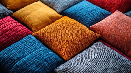 Poster - Vibrant textile cushion arrangement showcasing colorful textures with ample copyspace ideal for interior design or home decor advertisements