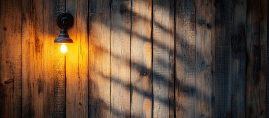 Poster - Vintage wooden wall with hanging light bulb casting shadows