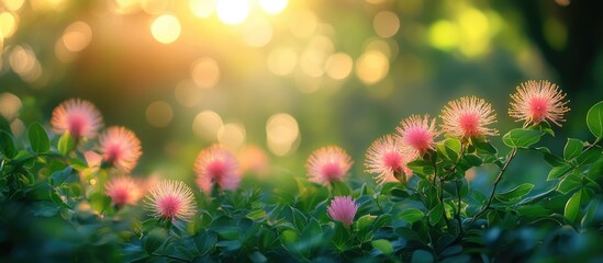 Poster - Pink fluffy flowers in a lush green landscape with soft sunlight filtering through trees Copy Space