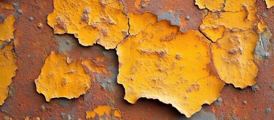 Poster - Textured background of peeling orange and rusty metal paint with abstract patterns and Copy Space for text placement.