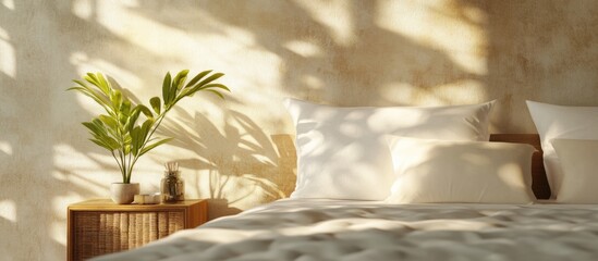 Poster - Serene Bedside Table with Plant Bathed in Morning Sunlight at a Luxury Forest Hotel Ideal for Relaxation and Vacationing with Copyspace