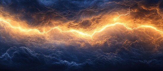 Poster - dramatic sunset storm clouds with lightning illuminating turbulent water waves ideal for atmospheric