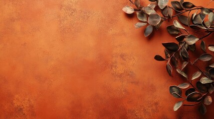 Poster - Tangerine Grunge Terracotta Wall Texture with Greenery and Space for Text in a Serene Artistic Setting