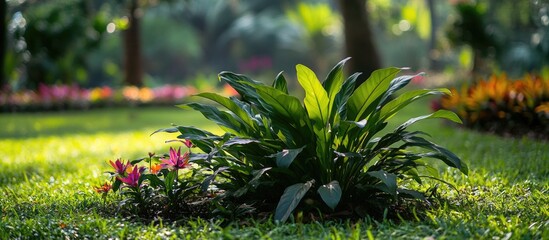 Poster - Lush green plants in a well-maintained garden with soft sunlight filtering through trees Copy Space