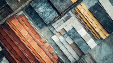 Poster - Diverse Roofing and Tiling Materials Laid Out in a Construction Site with Blank Space for Text Overlay