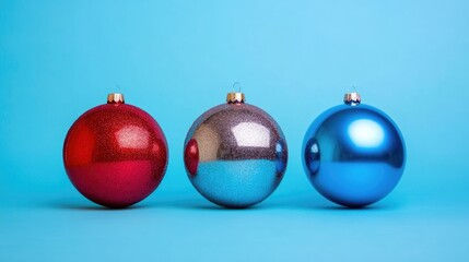 Poster - Colorful glitter Christmas ornaments on a blue background with ample copy space for festive holiday greetings or messages