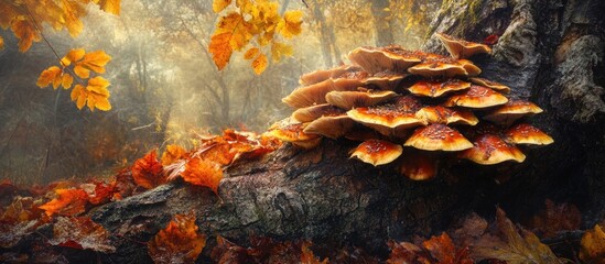 Poster - Colorful autumn landscape with mushrooms on a fallen log surrounded by golden leaves and natural light Copy Space