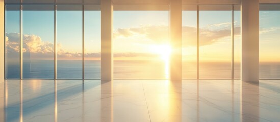 Poster - Modern interior with sunrise view and ample copy space for text in a bright and airy setting with floor-to-ceiling windows