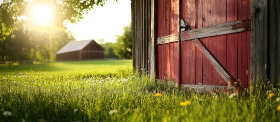 Poster - Red barn door in sunlight with blurred background and green grass in foreground