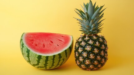 Poster - Vibrant Summer Fruits Display Watermelon and Pineapple on Yellow Background with Blank Space for Text or Ad Copy