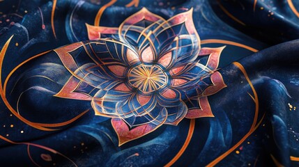 Poster - Elegant Spiritual Mandala Art on Rich Navy Blue Fabric Background
