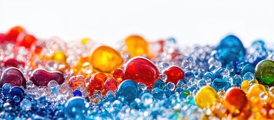 Poster - Colorful translucent beads arranged in a wavy pattern with bright lighting against a white background Copy Space