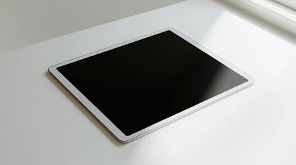 Poster - Modern tablet device featuring a blank black screen positioned on a minimalist white desk illuminated by natural light.