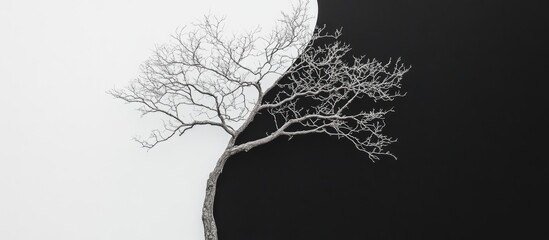Poster - Monochrome artistic representation of a tree silhouetted against contrasting black and white backgrounds with Copy Space available