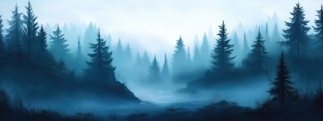 Poster - Mysterious misty forest landscape with dark pines panoramic view showcasing ancient nature and serene atmosphere for artistic use