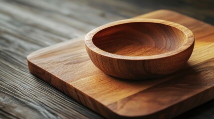 Poster - Wooden plate in a bowl shaped cavity on a cutting board with empty space for text showcasing rustic kitchen details and natural materials
