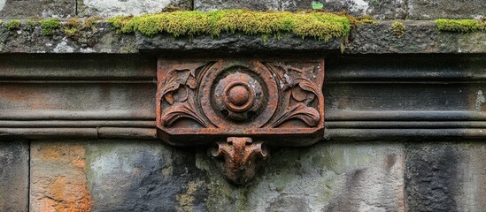 Poster - Decorative stone relief with moss and aging patina on an ancient wall structure Copy Space