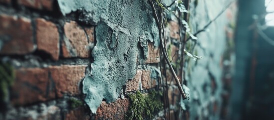 Wall Mural - Old brick wall with peeling paint and overgrown ivy in soft focus.