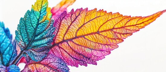 Poster - Colorful translucent leaves with detailed veins against a white background showcasing vibrant autumn hues and clear copy space.