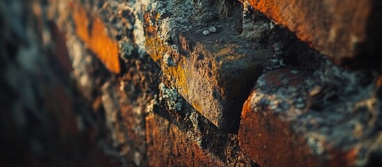 Poster - Close-up of weathered brick wall with moss and texture details in natural light
