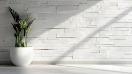Poster - Textured White Wall with Brick Design and Potted Plant Featuring Empty Copyspace for text in Modern Interior Setting