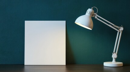 Poster - Minimalist workspace with blank canvas and modern white desk lamp on wooden table against dark green wall background