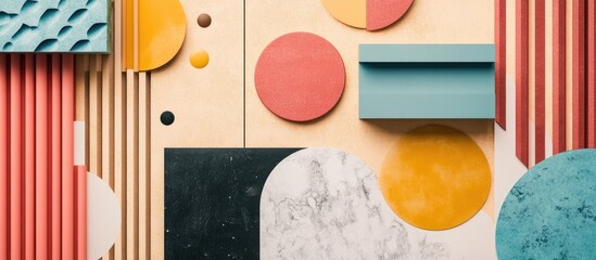Fototapete - Colorful geometric shapes and textures arranged on a surface Copy Space for design and art backgrounds