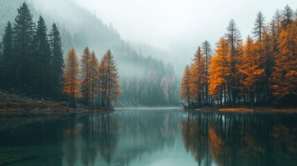 Poster - serene autumn landscape with tall trees reflecting on a tranquil lake in foggy conditions showcasing