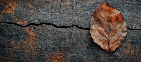 Poster - Dry autumn leaf on textured wooden background with natural cracks and space for text.