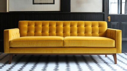 Poster - Tailored Yellow Velvet Sofa in Stylish Modern Living Room Decor with White Tiled Flooring