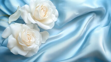 Poster - White roses on soft light blue silk fabric background with copy space