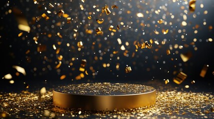 Poster - Golden podium with falling confetti and bokeh lights background copy space