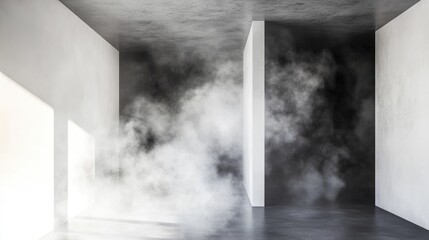 Fototapete - Thick black and white smoke filling a minimalistic room with ample copy space for text and visuals in a dramatic atmosphere