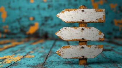 Poster - Teal Grunge Background with Three Directional Weathered Signs for Custom Text or Message