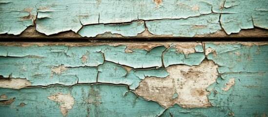 Poster - Peeling turquoise paint texture on wooden surface with cracks and weathered details